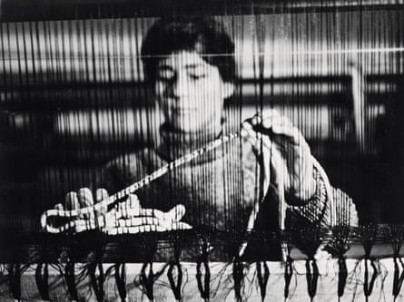 Magdalena Abakanovitch at her loom, 1966.