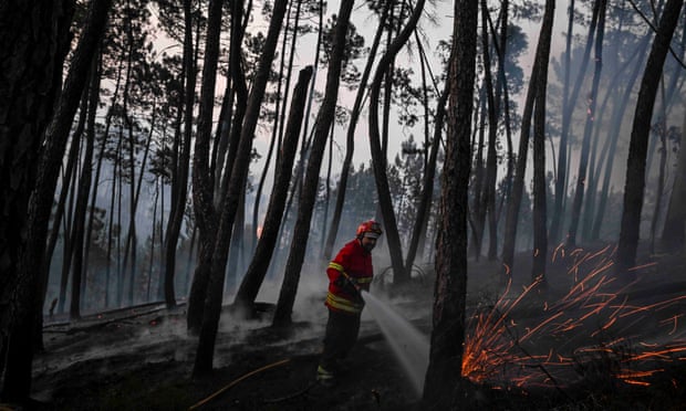 A firefighter extinguishes a wildfire in Alvaiázere, Portugal, on Sunday