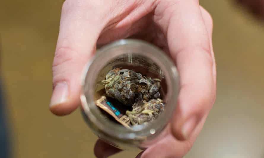 An employee displays marijuana for recreational and medical use at the Cultivate dispensary in Leicester, Massachusetts, 20 November.