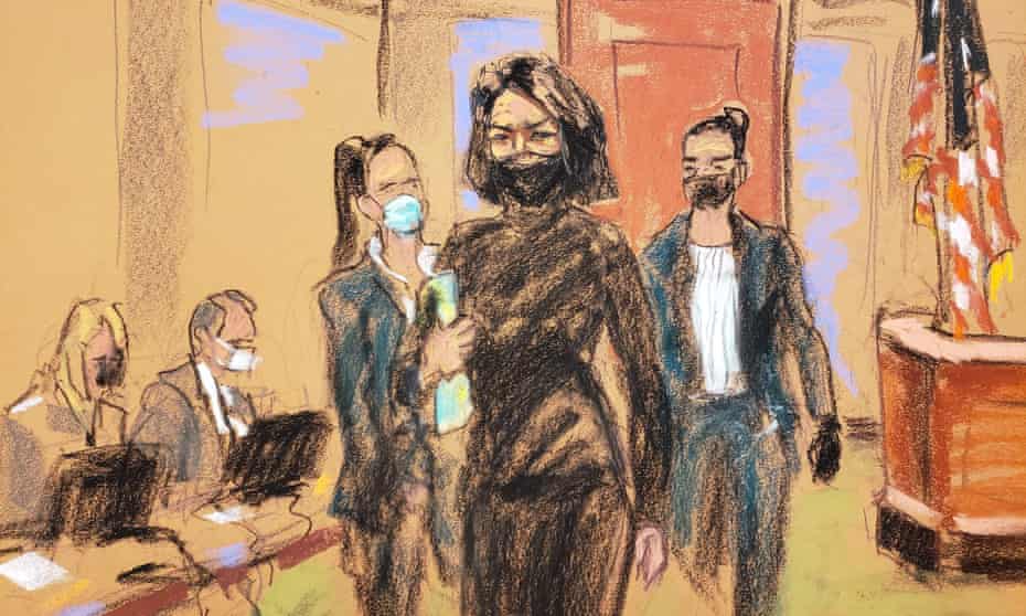 A courtroom sketch of Ghislaine Maxwell arriving for her trial in New York accompanied by two US marshals.
