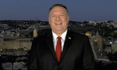 The US secretary of state, Mike Pompeo, beams a message to the Republican national convention in August from Jerusalem.