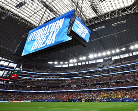 A hydration break during the World Cup round of 32 game between Australia and Egypt in Dallas Stadium, Texas, 3 July 2026