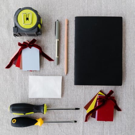 Quinn’s thrifting toolkit, including a screwdriver, measuring tape, notebook, pen, pencil and paint swatches