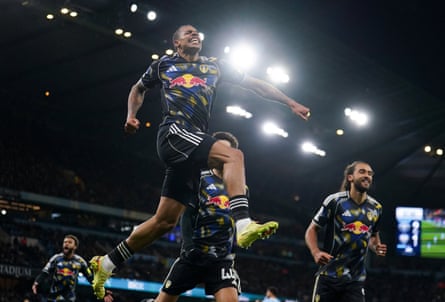 Lukas Nmecha celebrates scoring for Leeds against Manchester City in November 2025.