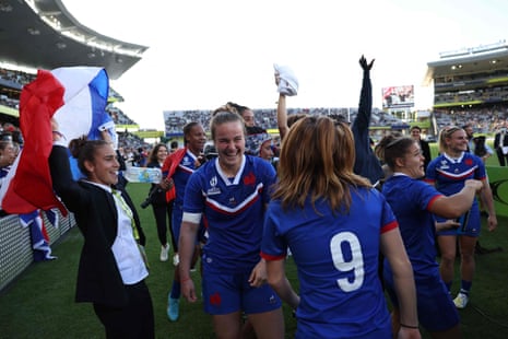 France's players celebrate after beating Canada.