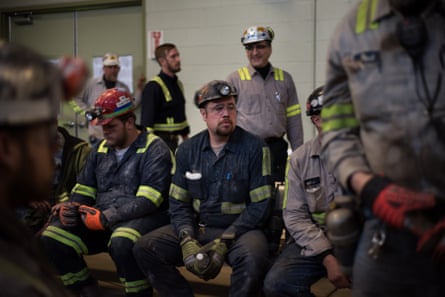Coal miners wait for the arrival of U.S. Environmental Protection Agency Administrator Scott Pruitt at Harvey Mine in Sycamore, Pennsylvania on April 13, 2017.