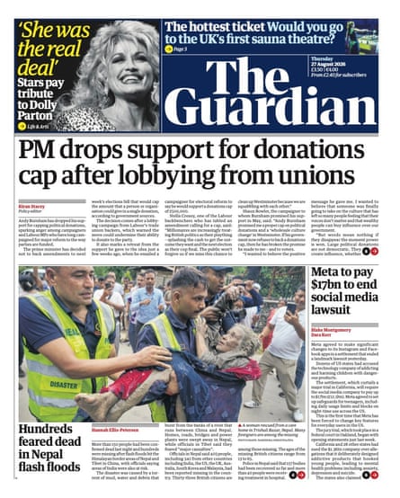 Front page of the Guardian 27 August 2026