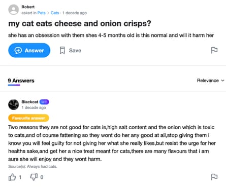 A screengrab from a Yahoo! Answers page asking: my cat eats cheese and onion crisps?