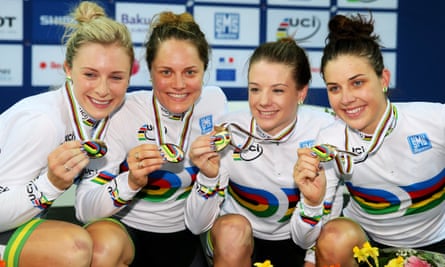 The Australian team of Annette Edmondson, Ashlee Ankudinoff, Amy Cure and Melissa Hoskins (right) after winning the team pursuit at the 2015 world championships.