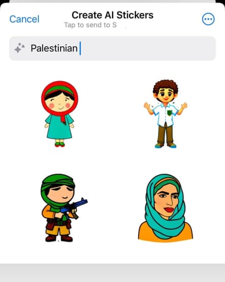 An AI generated sticker search in WhatsApp shows an image of a man with a gun when prompted with the search “Palestinian”.