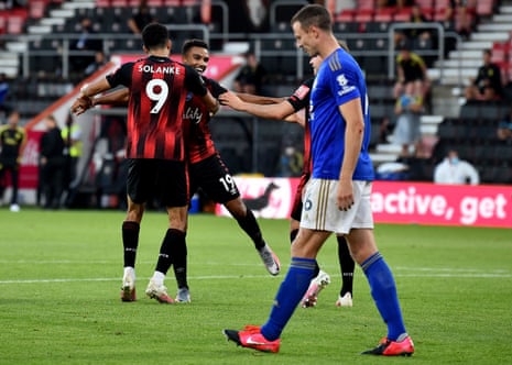 Bournemouth’s Junior Stanislas celebrates after his shot was deflected in by Leicester City’s Jonny Evans.