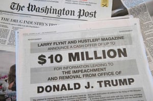 A full-page ad in the Washington Post offers $10m – from Hustler publisher Larry Flynt – for information leading to the impeachment and removal from office of Donald Trump.