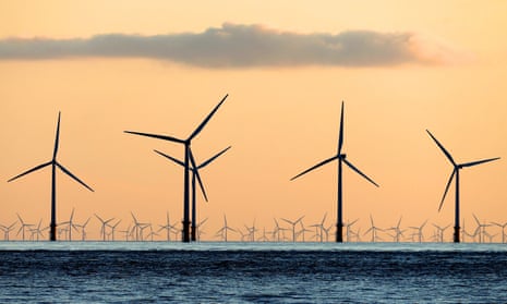 Wind turbines seen from a beach