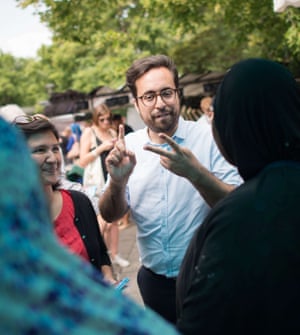 Mahjoubi on the stump in Paris. Photograph: Laurent Chamussy/Sipa/Rex/Shutterstock