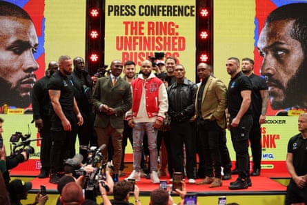 Chris Eubank Jr (left) and Conor Benn pose with their fathers at the press conference ahead of Saturday night’s fight.