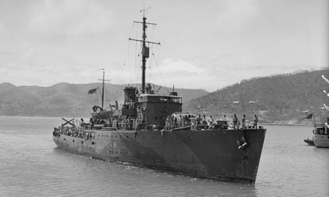 HMAS Armidale, a Bathurst-class corvette, in Port Moresby harbour after successfully convoying troop ships and supply vessels from Australia