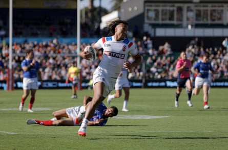 England’s Dom Young runs in a try at HBF Park in Perth
