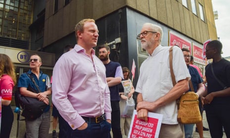 Sam Tarry with former Labour leader Jeremy Corbyn at a CWU strike picket in London, 29 July 2022