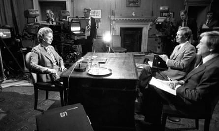 Richard Lindley and Robert Kee interviewing the prime minister, Margaret Thatcher, in 10 Downing Street during the Falklands war, 1982.