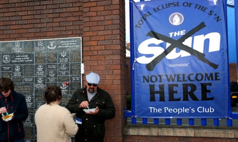 An anti Sun banner outside the Everton’s Goodison Park ground prior to Saturday’s Premier League match against Burnley.