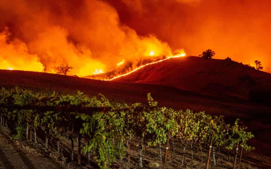 Flames approach a vineyard in northern California. Thousands of people will lose their electricity amid dangerous weather.