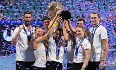 Germany captain Torben Beltz (left) and his players celebrate with the United Cup trophy.