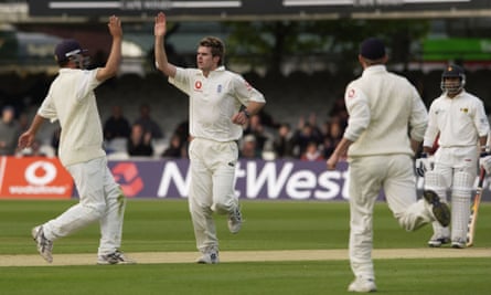 Jimmy Anderson celebrates a wicket during his debut Test against Zimbabwe at Lord’s in 2003.