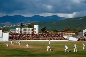 West Indies’ Joel Garner bowls a bouncer to England’s Phil Edmonds during the First Test at Kingston in February 1986.