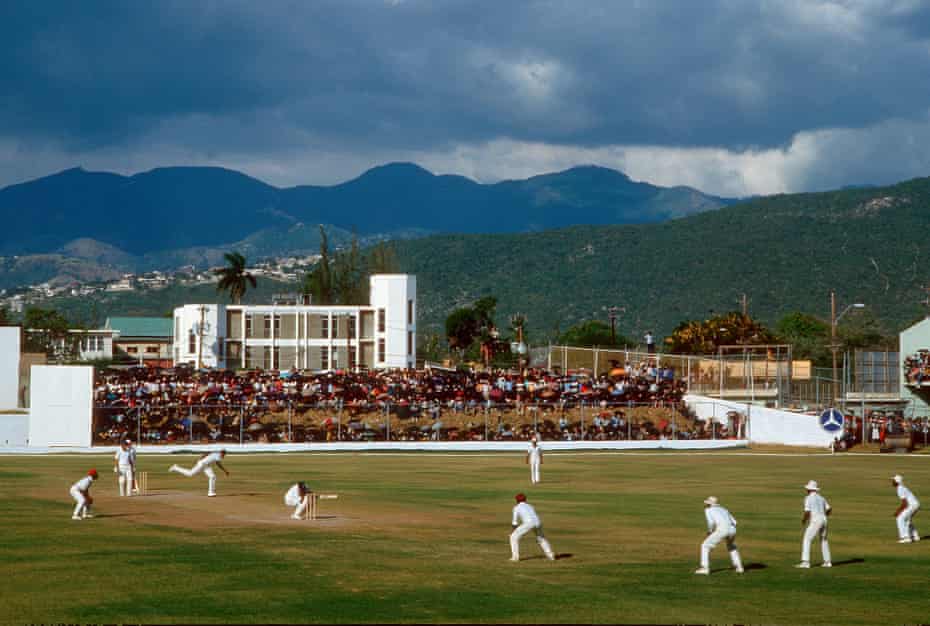 Joel Garner bowls a bouncer to Phil Edmonds, while the slip cordon looks on from a different postcode.