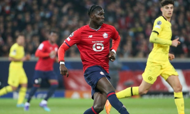 Amadou Onana in action for Lille against Chelsea in the Champions League last season.