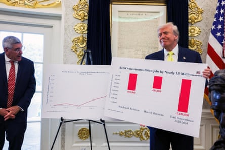 Donald Trump in the Oval Office holding up jobs charts
