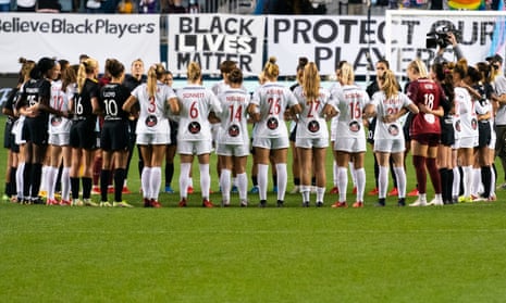 Players stop the match during the first-half of a NWSL match between NJ/NY Gotham FC and the Washington Spirit last year in protest at abuse in socce
