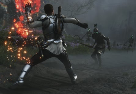 The combat has tactile weight and skeletons exploding into bone splinters.