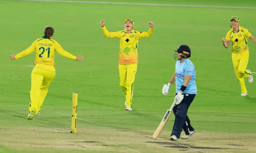 Jess Jonassen celebrates dismissing Kate Cross to win the game and retain the Ashes for Australia.