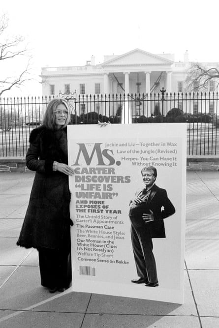 Gloria Steinem holding the January 1978 cover of Ms magazine outside the White House