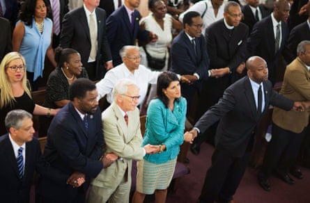 Nikki Haley and Tim Scott at a memorial service at Morris Brown AME church for the people killed during a prayer meeting inside the historic black church in Charleston, South Carolina.