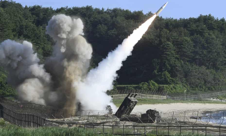 A US MGM-140 army tactical missile is fired during the combined military exercise between the US and South Korea against North Korea on Wednesday.