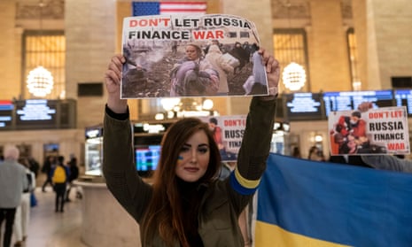 In New York, a flash mob protest is held on Wednesday at Grand Central Terminal against Russia’s invasion of Ukraine. 