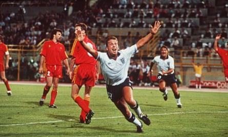 England football player David Platt celebrates after scoring against Belgium in the last minute of extra time, in the 1990 World Cup, 26 June 1990