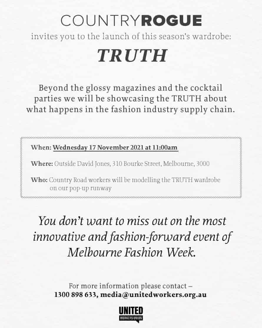 The United Workers Union invitation to attend Melbourne Fashion Week