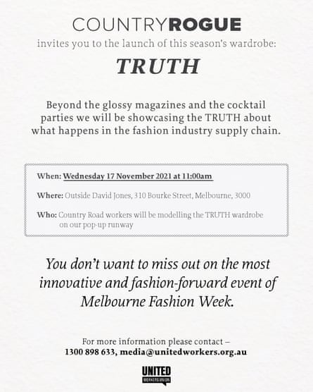 The United Workers Union invitation to attend Melbourne Fashion Week