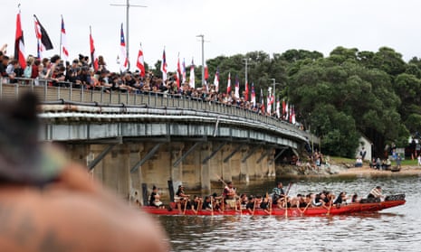 Waka (traditional canoe) journey in the Bay of Islands, New Zealand, on  Waitangi Day on Monday. 
