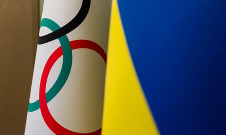 The Olympic and Ukraine flags are seen together during IOC president Thomas Bach’s visit to Kyiv last year.