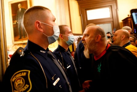 Protesters try to enter the Michigan House of Representative chamber, Lansing, Michigan, 30 April 2020