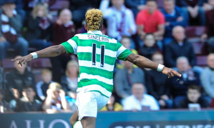 Scott Sinclair celebrates scoring his second goal in Celtic’s 5-0 win over Hearts, which sealed the title for Brendan Rodgers’ side.