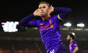 Jordan Henderson celebrates scoring for Liverpool at Southampton in April 2019.