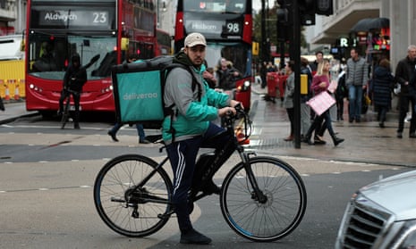 Deliveroo cyclist on Oxford Street, London.