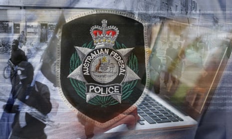 Composite of AFP badge, laptop and armed officers. 