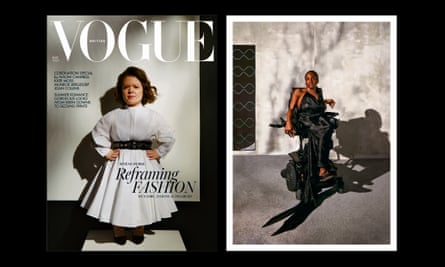 L-R: Sinéad Burke on the cover, and Aaron Rose Philip in Vogue May 2023.