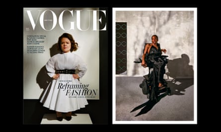 L-R: Sinéad Burke on the cover, and Aaron Rose Philip in Vogue May 2023.